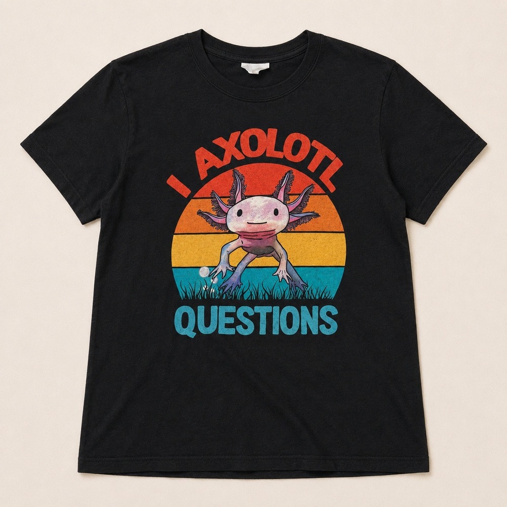 I Axolotl Questions Graphic T-Shirt Black‎ Women M Retro Sunset Animal Creature